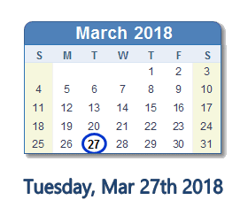 March 27, 2018 calendar
