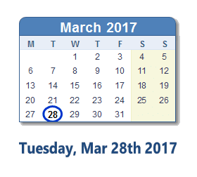 March 28, 2017 calendar