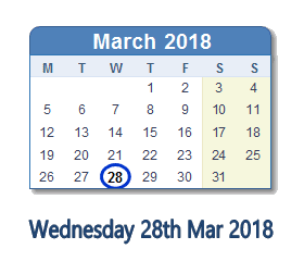 March 28, 2018 calendar