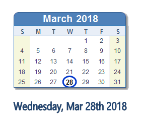 March 28, 2018 calendar