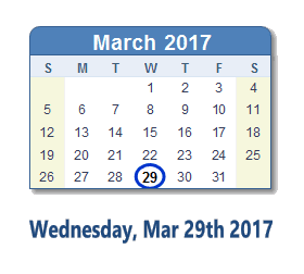 March 29, 2017 calendar