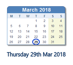 March 29, 2018 calendar