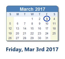 March 3, 2017 calendar