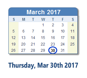 March 30, 2017 calendar