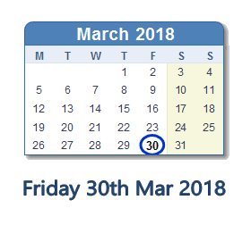 March 30, 2018 calendar