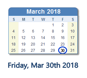 March 30, 2018 calendar
