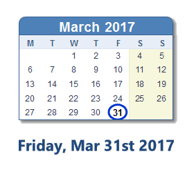 March 31, 2017 calendar