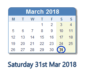 March 31, 2018 calendar