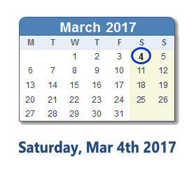 March 4, 2017 calendar