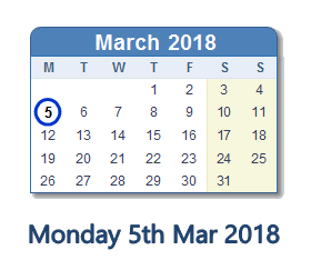 March 5, 2018 calendar