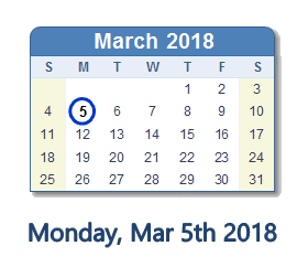 March 5, 2018 calendar