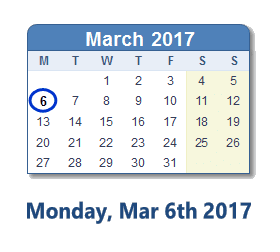 March 6, 2017 calendar