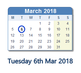 March 6, 2018 calendar