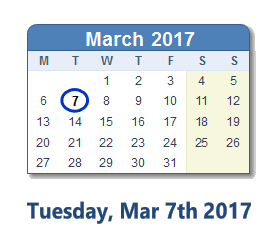 March 7, 2017 calendar
