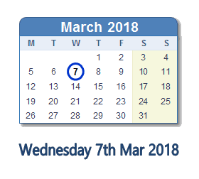 March 7, 2018 calendar