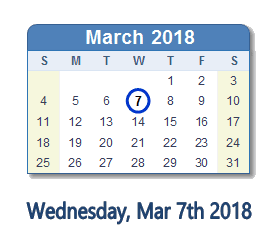 March 7, 2018 calendar
