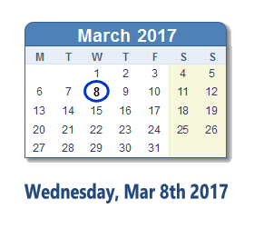 March 8, 2017 calendar