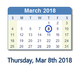 March 8, 2018 calendar