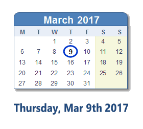 March 9, 2017 calendar