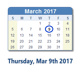 March 9, 2017 calendar