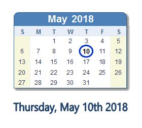 May 10, 2018 calendar