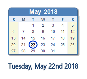 May 22, 2018 calendar