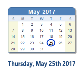 May 25, 2017 calendar