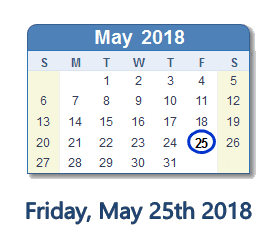 May 25, 2018 calendar