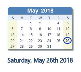 May 26, 2018 calendar