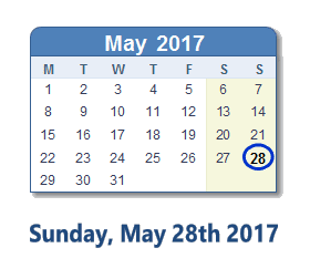 May 28, 2017 calendar