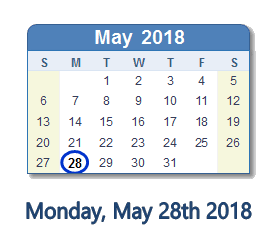 May 28, 2018 calendar