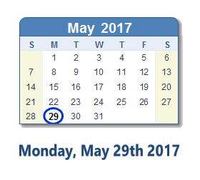 May 29, 2017 calendar