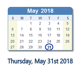 May 31, 2018 calendar