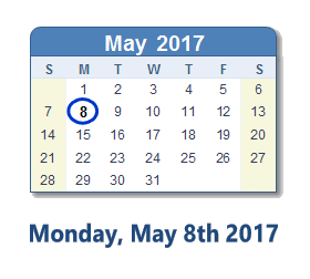 May 8, 2017 calendar
