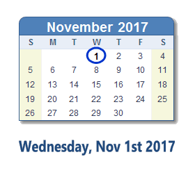 November 1, 2017 calendar