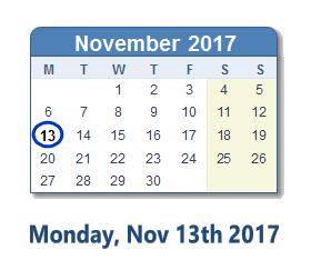November 13, 2017 calendar
