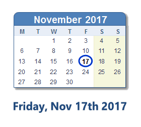 November 17, 2017 calendar