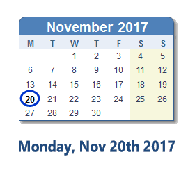 November 20, 2017 calendar
