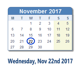 November 22, 2017 calendar