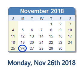 November 26, 2018 calendar