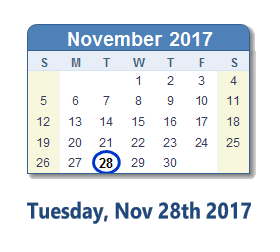 November 28, 2017 calendar