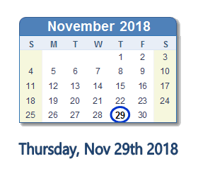 November 29, 2018 calendar