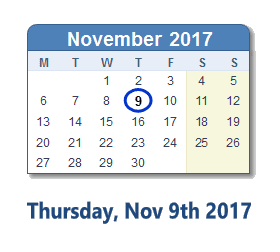 November 9, 2017 calendar