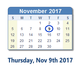 November 9, 2017 calendar