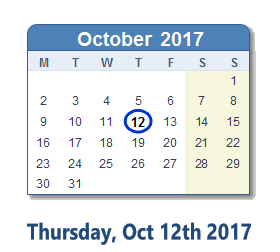 October 12, 2017 calendar
