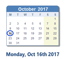 October 16, 2017 calendar