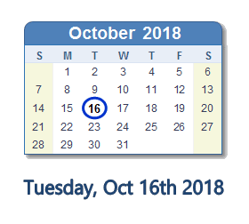 October 16, 2018 calendar