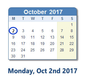 October 2, 2017 calendar