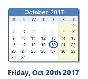 October 20, 2017 calendar