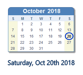 October 20, 2018 calendar